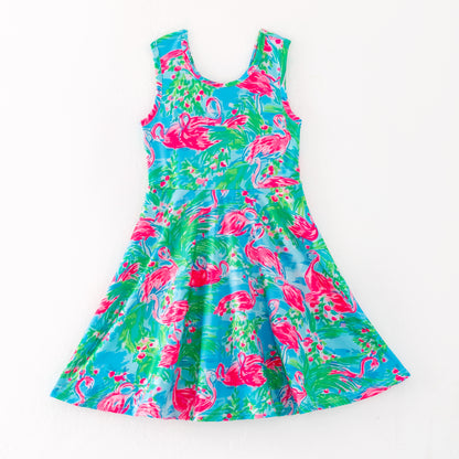 Girls Summer Flamingo Blue Hot Pink Athletic Dress