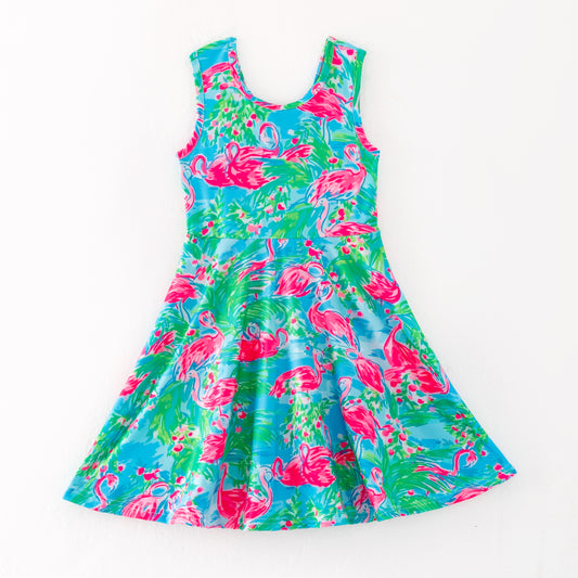 Girls Summer Flamingo Blue Hot Pink Athletic Dress