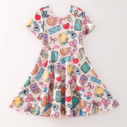Girls Summer Back To School Print Cute Soft Twirl Dress
