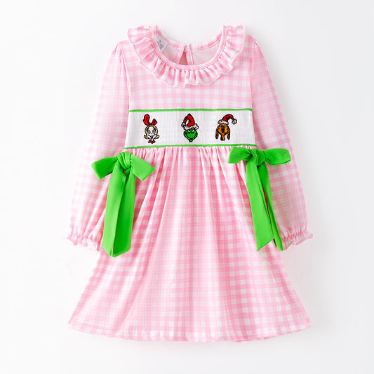 Girls Christmas Pink Plaid Cartoon Embroidery Smock Dress