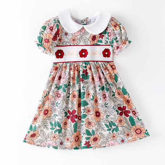 Girls Fall Pink Green Floral Smock Embroidery Dress