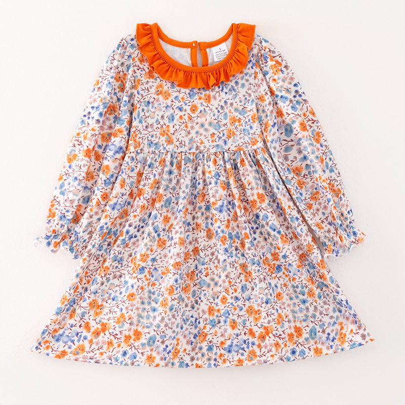 Girls Fall Autumn Orange Floral Print Long Sleeves Dress