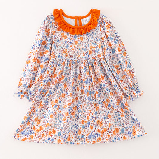 Girls Fall Autumn Orange Floral Print Long Sleeves Dress