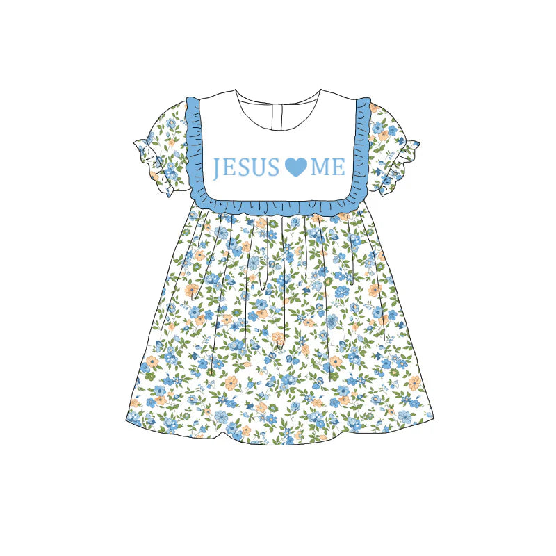 Sibling Kids JESUS LOVE ME Blue Floral Plaid Embroidery Clothes