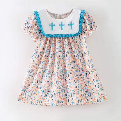 Girls Sister Fall Blue Floral Cross Embroibery Sibling Clothes