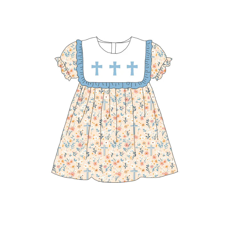 Girls Sister Fall Blue Floral Cross Embroibery Sibling Clothes