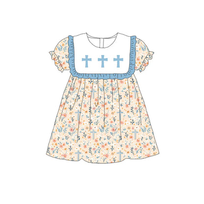 Girls Sister Fall Blue Floral Cross Embroibery Sibling Clothes