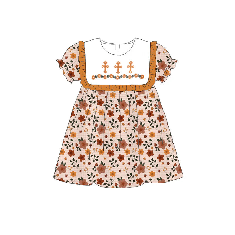 Girls Sister Fall Brown Floral Cross Embroibery Sibling Dress Romper