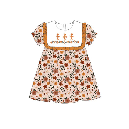 Girls Sister Fall Brown Floral Cross Embroibery Sibling Dress Romper
