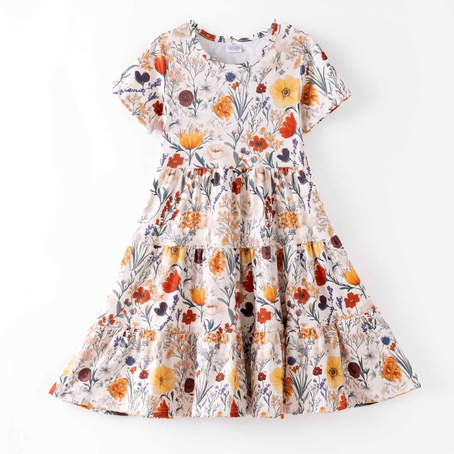 Girls Fall Autumn Floral Print Ruffled Patchwork Dress
