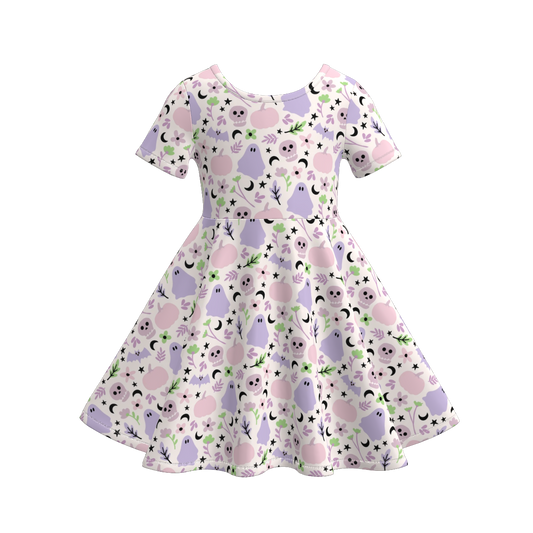 Girls Fall Halloween Pink Lavender Ghost Print Twirl Dress