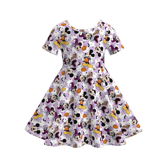 Girls Halloween Purple Cute Cartoon Micky Print Twirl Dress