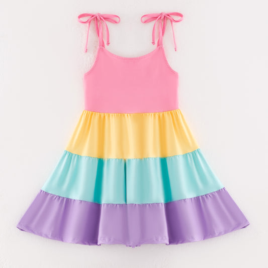Girls Summer Pink Yellow Blue Purple Rainbow Slip Soft Fashion Dress