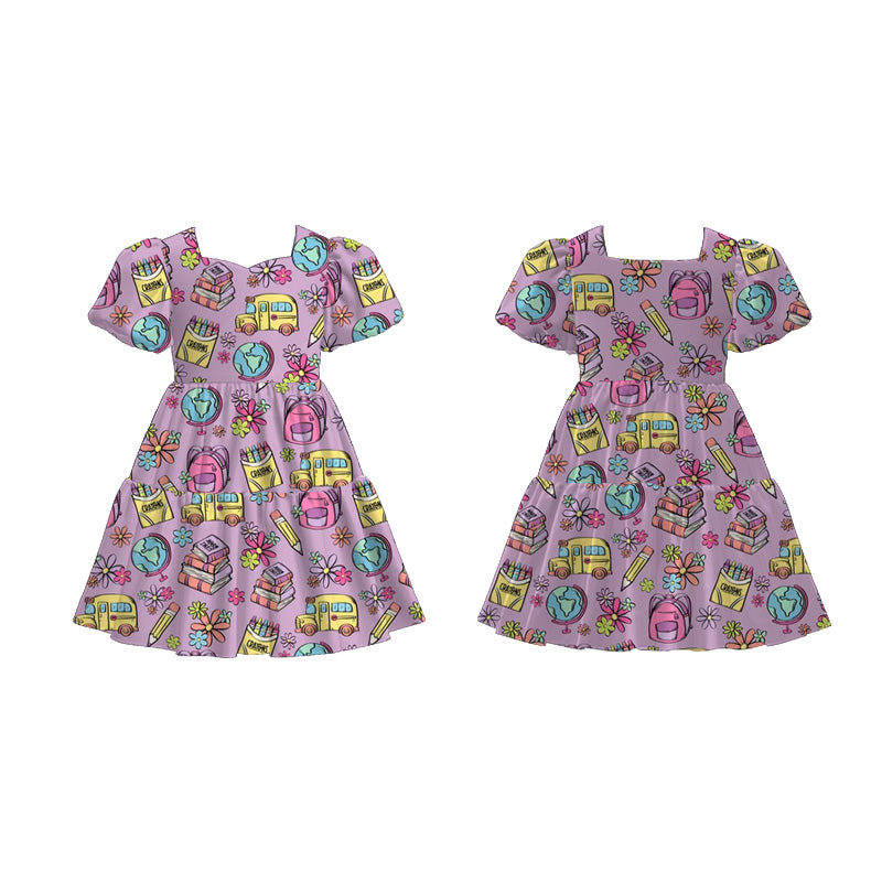 Back to School Puff Sleeve Dress – Apple, Pencil & Bus Print