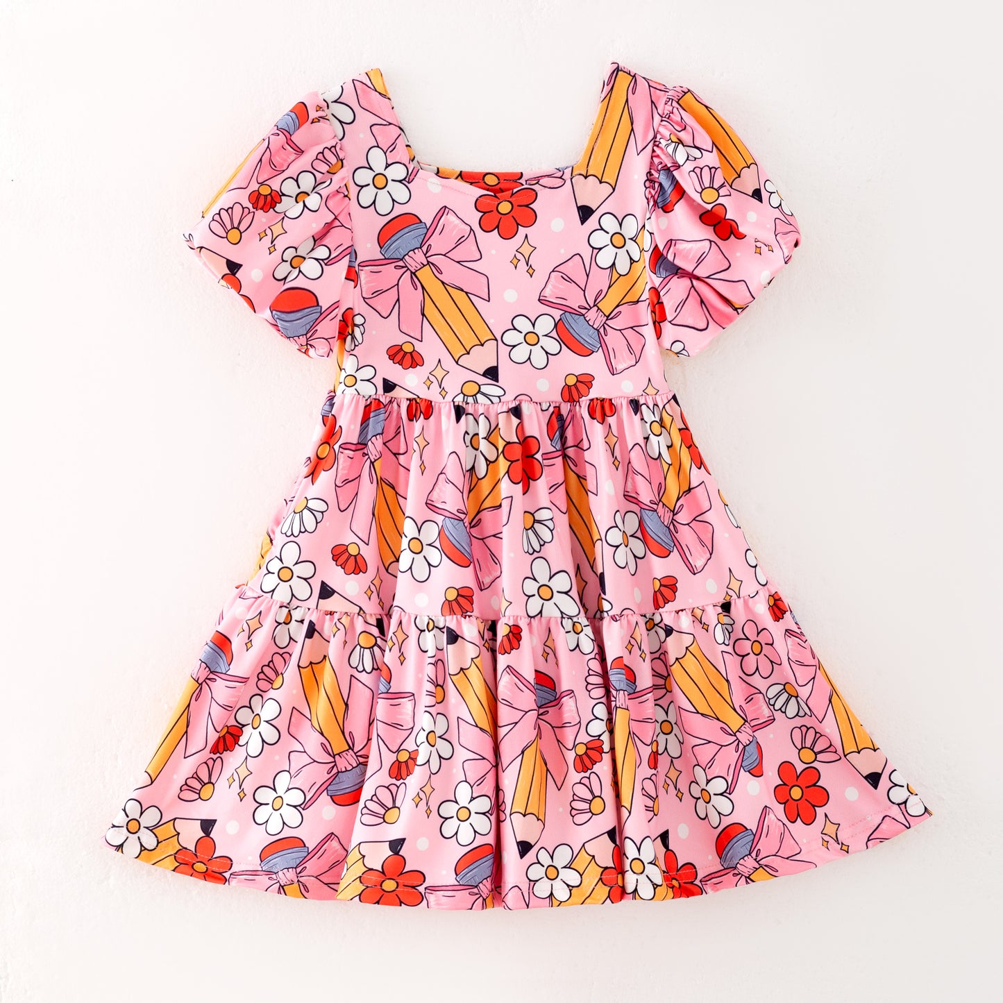 Back to School Puff Sleeve Dress – Apple, Pencil & Bus Print