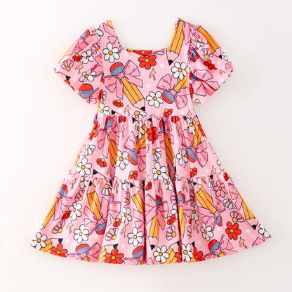 Back to School Puff Sleeve Dress – Apple, Pencil & Bus Print