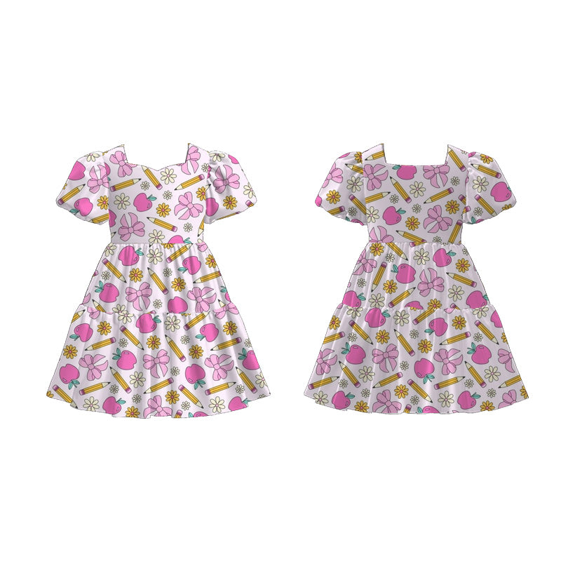 Back to School Puff Sleeve Dress – Apple, Pencil & Bus Print