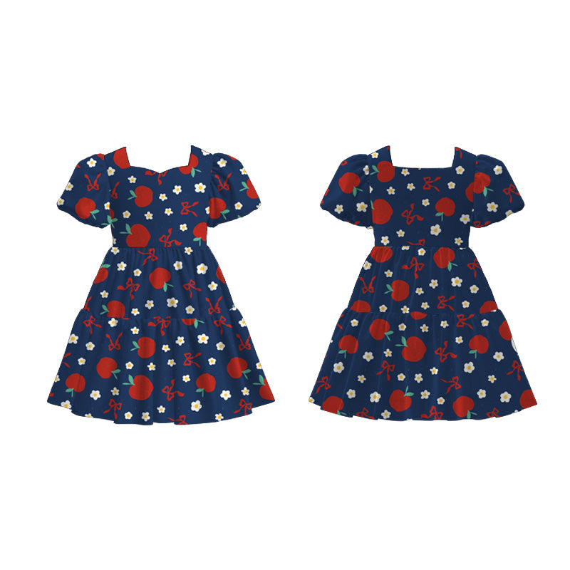 Back to School Puff Sleeve Dress – Apple, Pencil & Bus Print