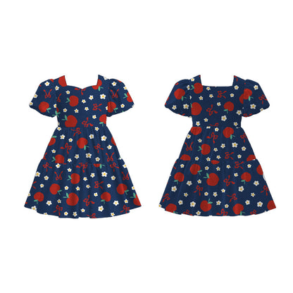 Back to School Puff Sleeve Dress – Apple, Pencil & Bus Print