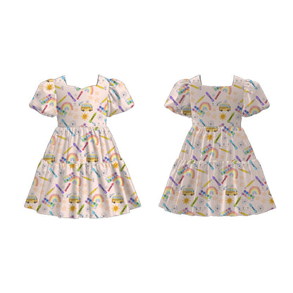 Girls Back To School Print Fashion Puff Sleeves Dress