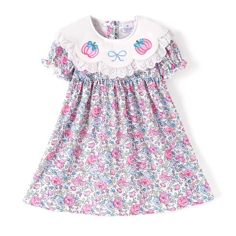 Fall Thanksgiving Girls Smocked Outfit Set – Pumpkin Embroidery Floral Sibling Collection