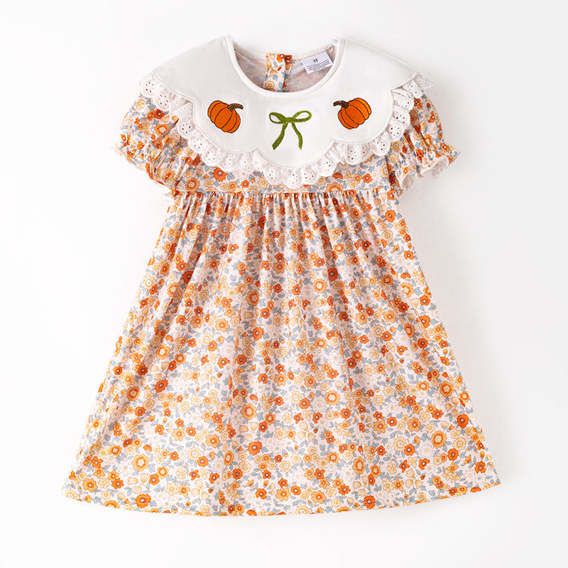 Thanksgiving Girls Smocked Outfit Set – Pumpkin Floral Embroidery Floral Sibling Collection