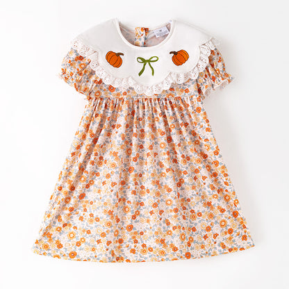 Thanksgiving Girls Smocked Outfit Set – Pumpkin Floral Embroidery Floral Sibling Collection