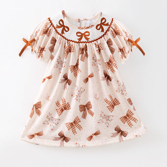Girls Fall Brown Bow Embroidery Smock Boutique Dress