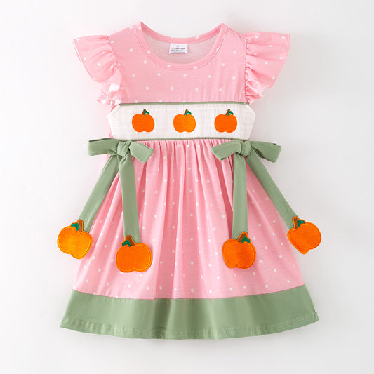 Girls Halloween Fall Pumpkin Embroidery Smock Pink Dress