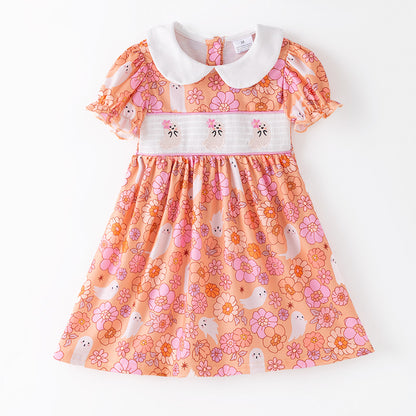 Smocked Ghost Embroidered Halloween Dress – Floral Print Girls Outfit