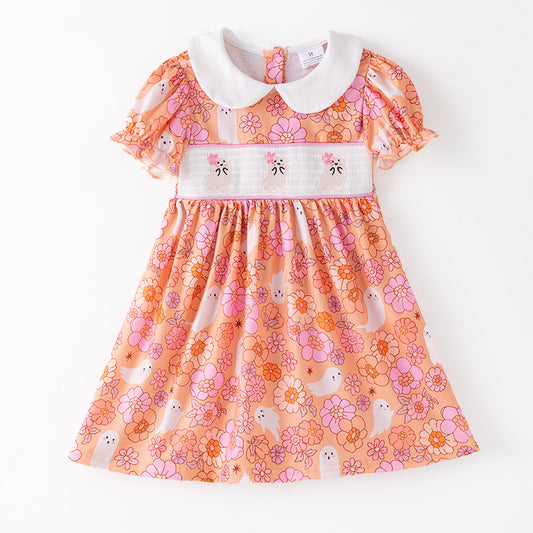 Smocked Ghost Embroidered Halloween Dress – Floral Print Girls Outfit