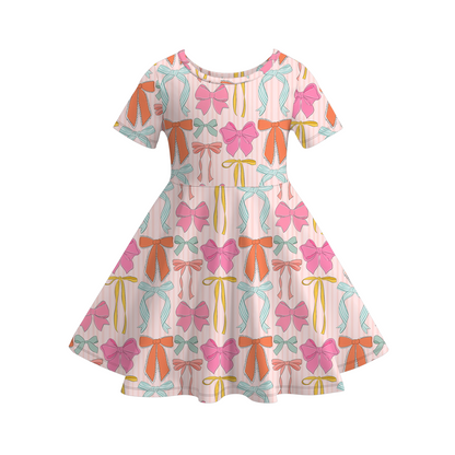 Girls Summer Color Bow Print Short Sleeves Soft Dress
