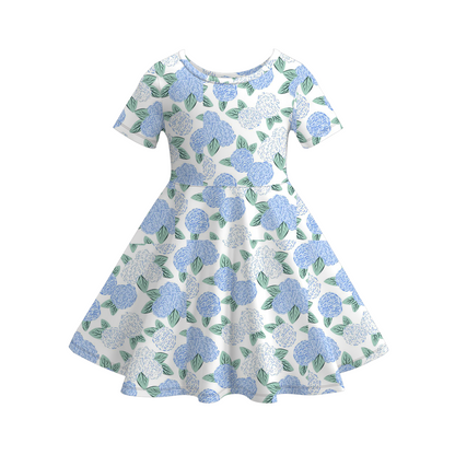 Girls Summer Color Bow Print Short Sleeves Soft Dress