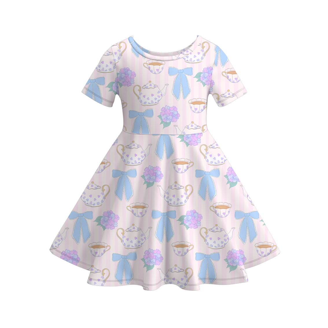 Girls Summer Color Bow Print Short Sleeves Soft Dress