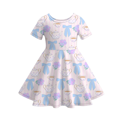 Girls Summer Color Bow Print Short Sleeves Soft Dress