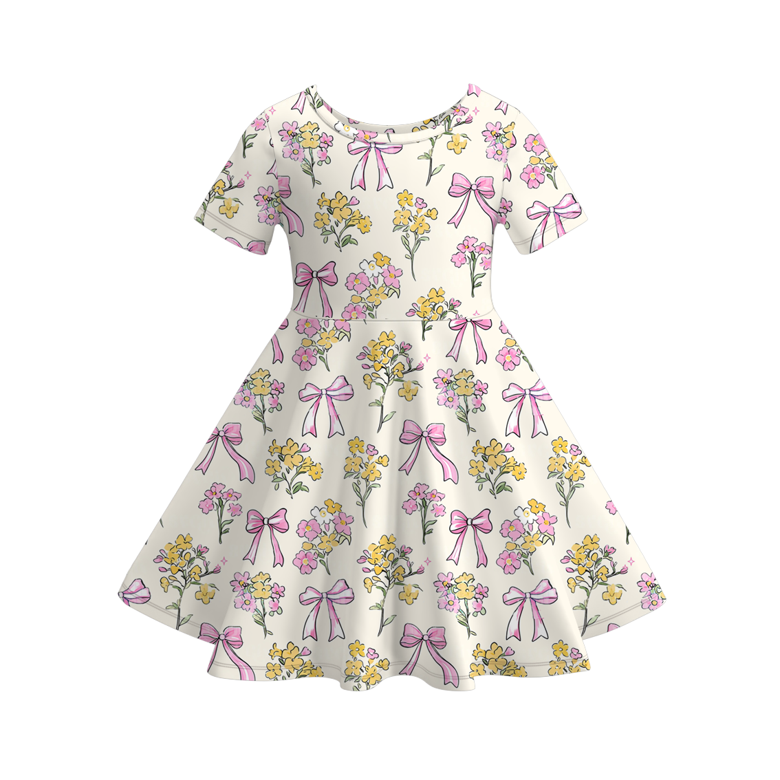 Girls Summer Color Bow Print Short Sleeves Soft Dress