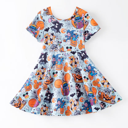 Girls Fall Halloween Cartoon Pumpkin Print Cute Twirl Dress
