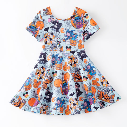 Girls Fall Halloween Cartoon Pumpkin Print Cute Twirl Dress