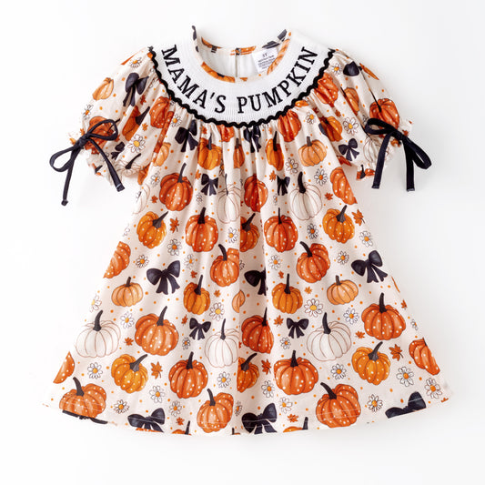Girls Halloween MAMA'S PUMPKIN Embroidery Smocked Dress