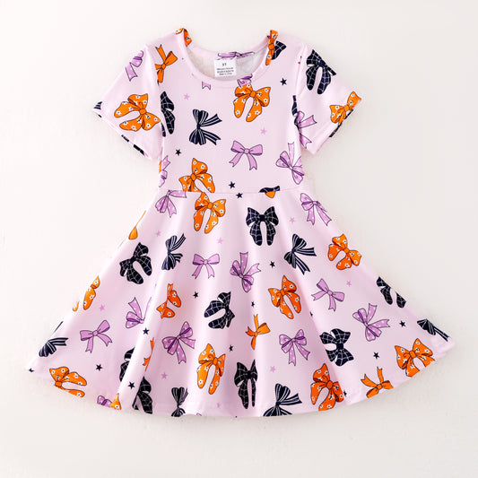 Girls Halloween Orange Black Purple Bow Print Twirl Dress