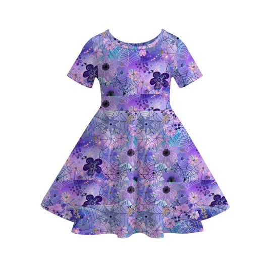Girls Fall Summer Purple Floral Print Short Sleeves Twirl Dress
