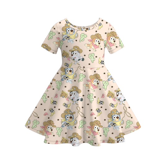 Girls Summer Fall Cartoon Print Short Sleeves Soft Dress