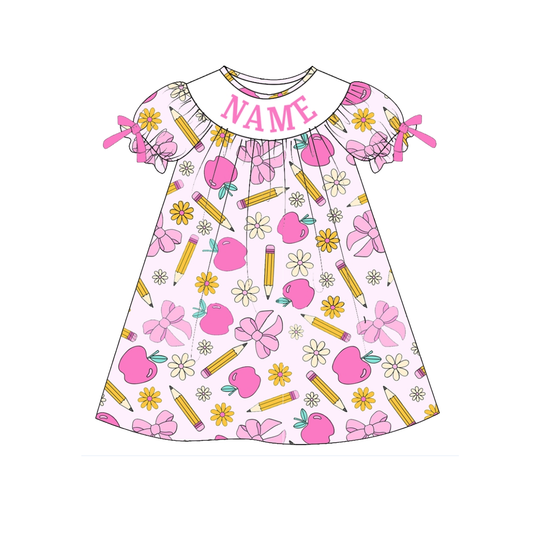Girls Back To School Custom Name Embroidery Apple Pencil Dress