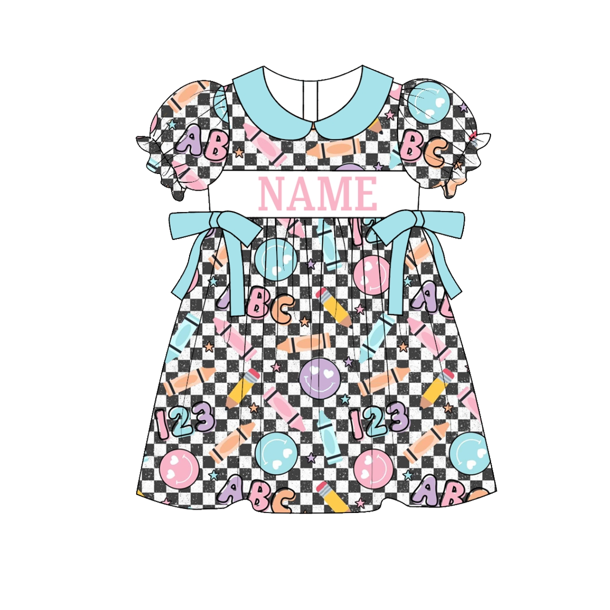 Girls Back To School Custom Name Embroidery Black Plaid Dress
