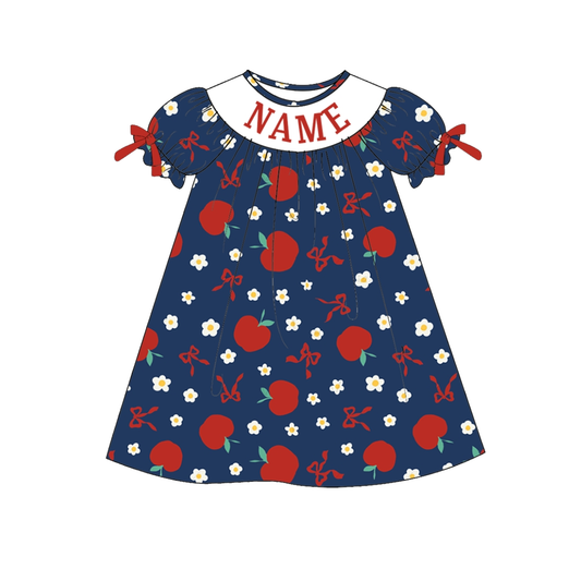 Girls Back To School Custom Name Embroidery Red Apple Dress