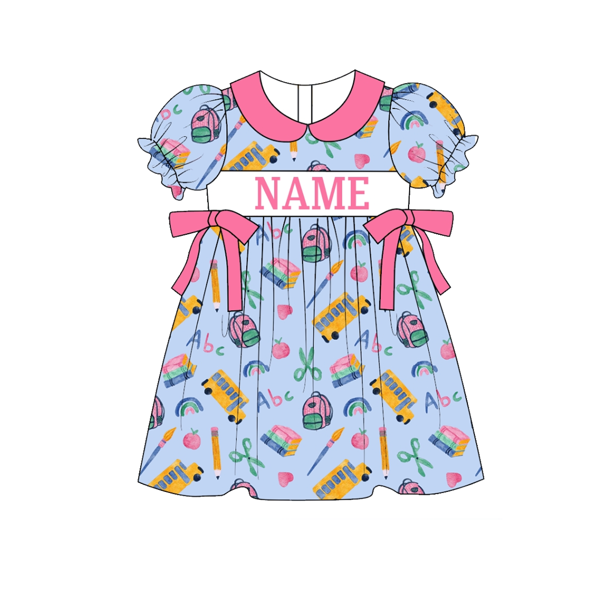 Girls Back To School Custom Name Embroidery Pink Bus Dress