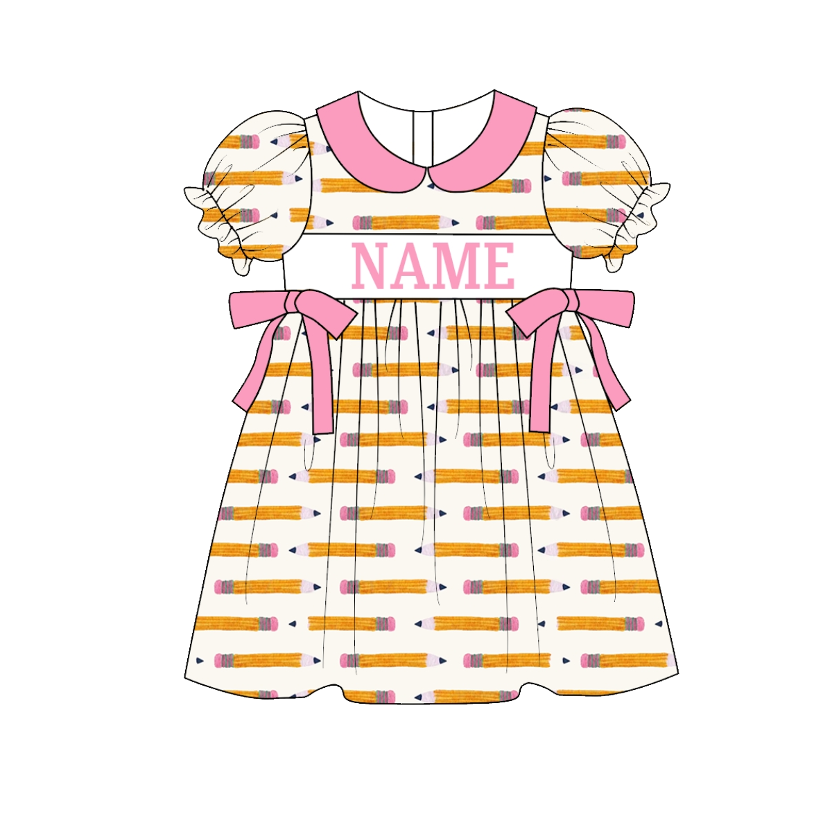 Girls Back To School Custom Name Pink Yellow Pencil Dress
