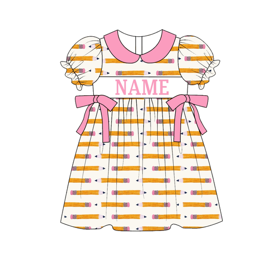 Girls Back To School Custom Name Pink Yellow Pencil Dress