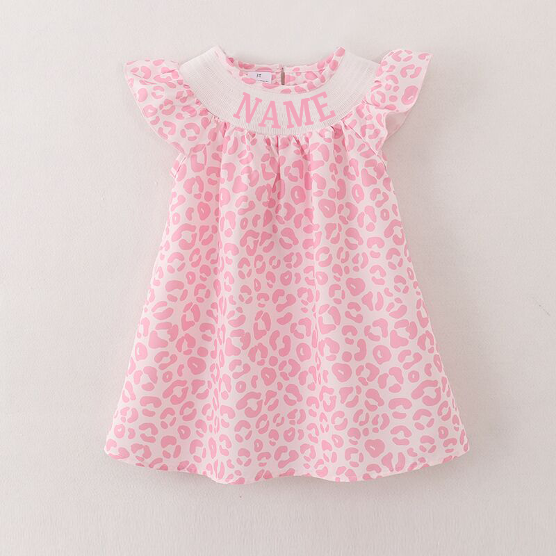 Girls Summer Pink Leopard Custom Name Smock Embroidery Dress