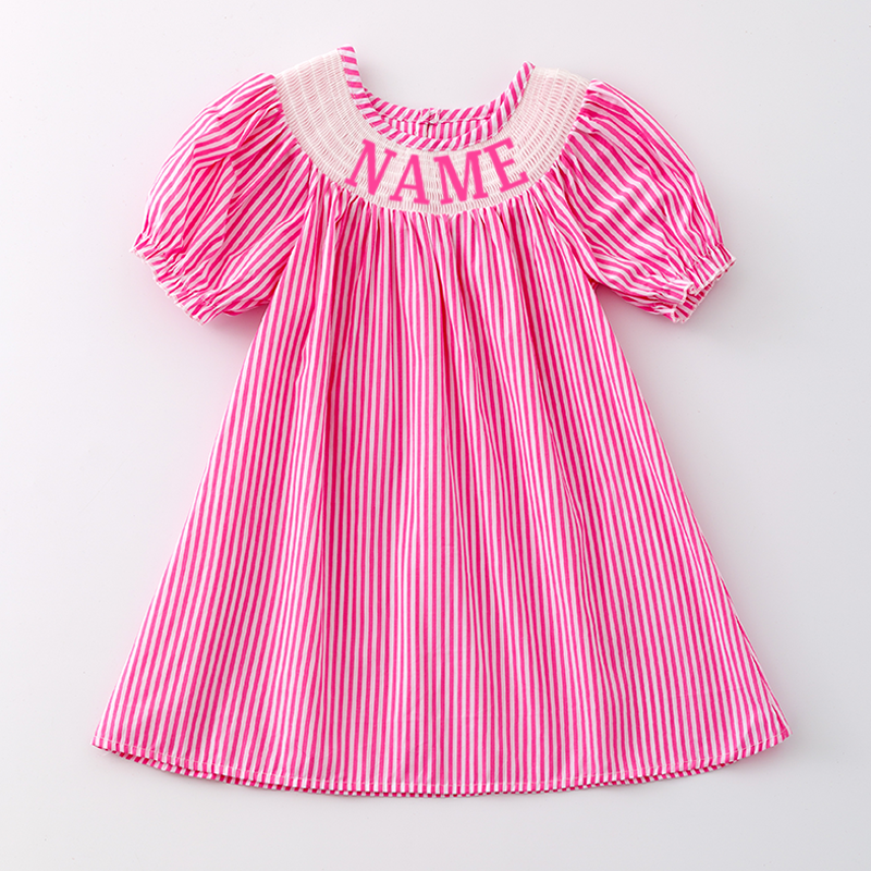 Girls Summer Pink Stripes Custom Name Smock Embroidery Dress